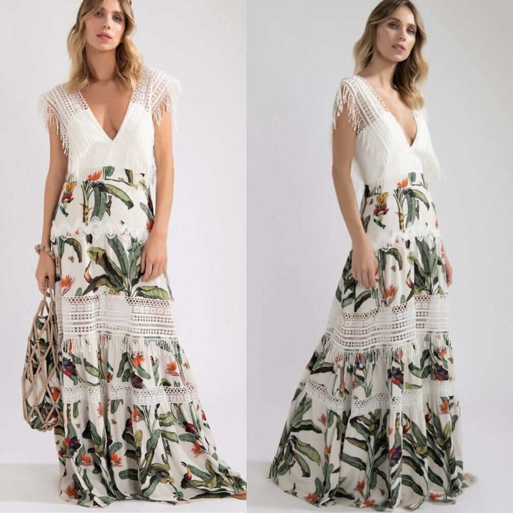 PatBo Tropical Print Lace Trim Maxi Dress